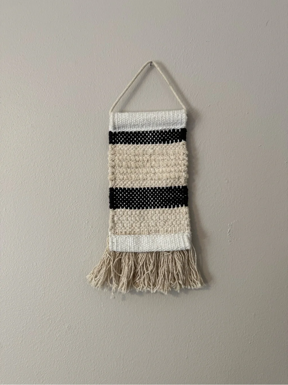 Handwoven Neutral and Black Wall Hanging - Boho Textile Decor Mini